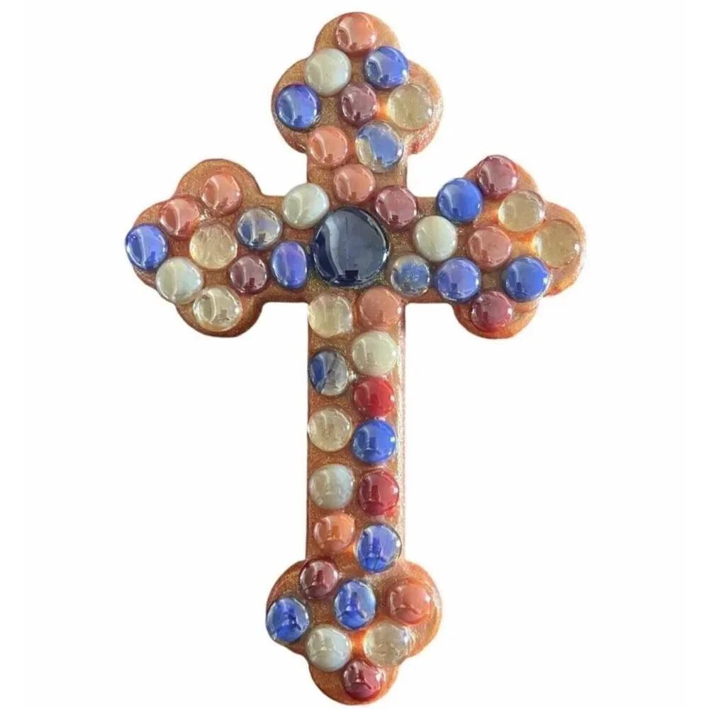 The Rustic Mile Ceramic and Marble 12” Hanging Wall Decor Religious Cross